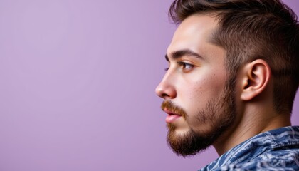 Fototapeta premium Closeup Profile Portrait of a Thoughtful Man with Beard Against a Purple Background