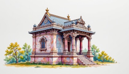 Intricate Ornate Temple Structure Surrounded by Lush Greenery and Scenic Landscape