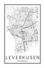 Obraz premium Hand drawn printable downtown road map poster of the German city of LEVERKUSEN on solid white background with city name