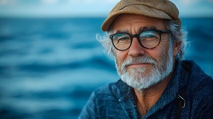 A weathered contemplative man gazes out at the ocean