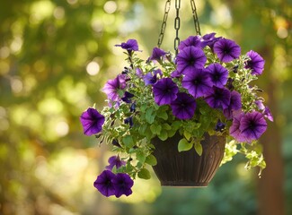 Hanging Basket Overflowing with Vibrant Purple Petunias in a Lush Green Garden Setting