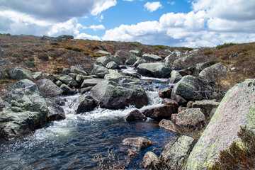 Mountain river in the mountains. Hardanger plateau in Norway. 
