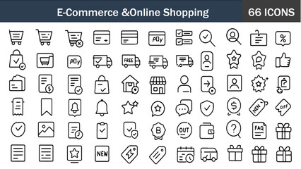 Fototapeta premium Online Shopping Icons Bundle – 66 Essential E-Commerce, Cart, Checkout, Payment, Delivery & Store Line Icons for UI UX Design, Websites, and Mobile Apps