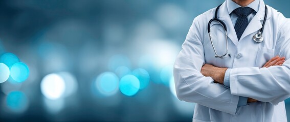 Confident Doctor with Arms Crossed and Stethoscope Against Blurred Blue Background for Medical and Healthcare Concepts