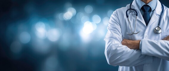 Confident Doctor with Arms Crossed Standing Against a Blue Bokeh Background in Professional Healthcare Setting