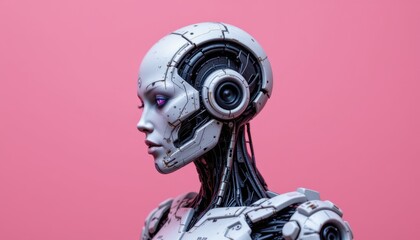 Sleek Futuristic Robot Portrait with Mechanical Features and Pink Background
