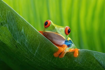 Red Eyed Tree Frog Perched on a Vibrant Green Leaf in a Tropical Rainforest Environment