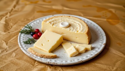 Artisanal Cheese Platter with Freshly Sliced Dairy Product and Seasonal Decorative Accents