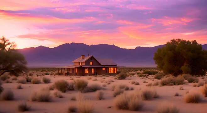 A tranquil sunset over desert farmhouse