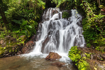 Jembong waterfall, Nothern Bali, Indonesia. Water cascading over rocks into pool below; lush green vegetation on both sides. 
