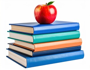  Neatly stacked textbooks in various colors with a red apple on top, isolated on transparent background, realistic lighting