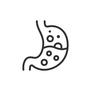 Stomach with excessive acid, linear icon. Hyperacidity, discomfort, or reflux. Line with editable stroke.