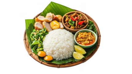 Aromatic Asian rice dish with grilled chicken, sauteed vegetables, and flavorful sauces, served on a woven tray lined with banana leaves. High angle, studio shot.