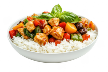 Chicken stir fry with bell peppers, olives, and spinach served over a bed of white rice in a white bowl. 