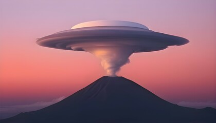 Lenticular cloud stack over remote volcanic peak, backlit by pink twilight