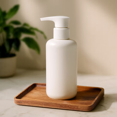 White Pump Bottle displayed on a Wooden Tray adorned with Greenery in warm cozy interior
