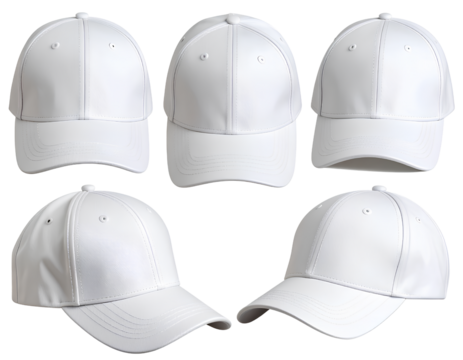 Multi-View White Cap Template with Curved Visor, 3D Realistic Mockup, Transparent Background