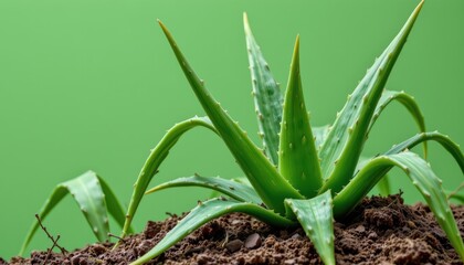 Obraz premium Aloe Vera Plant With Dew Drops On Leaves Against A Soft Green Background