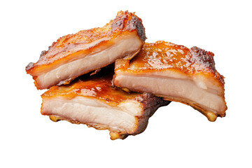 Three pieces of glazed pork ribs, glistening with a rich brown sauce, are stacked against a transparent background. The meat is tender looking and juicy.