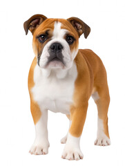 Adorable deep focus bulldog dog captured in isolation on a black background showcasing its unique features and expressive personality Transparent background PNG