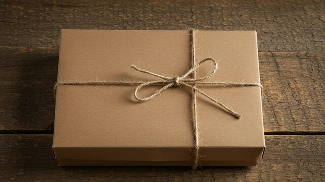 Wrapped gift box on wooden table with rustic charm