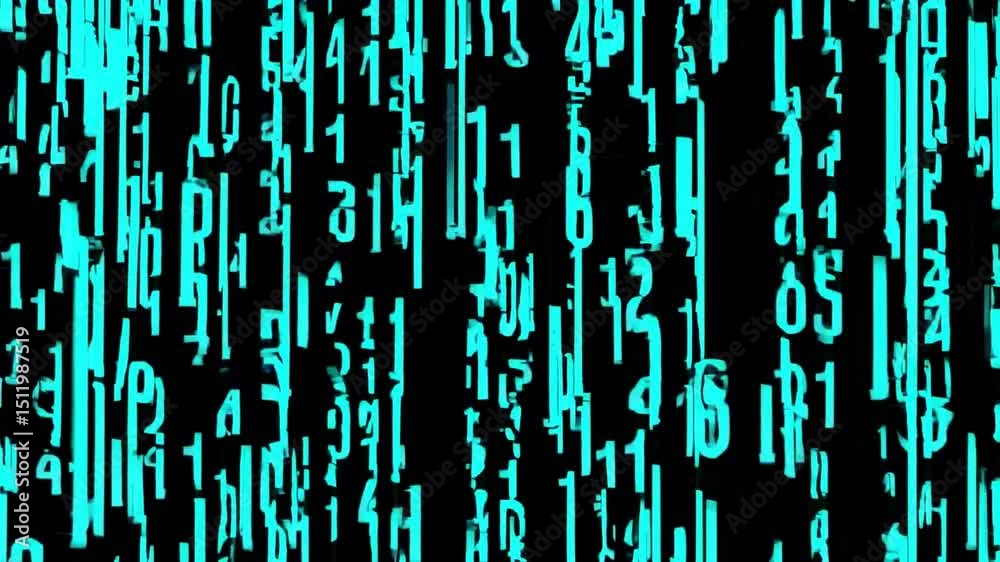 Poster digital code rain with glowing blue numbers, abstract background, futuristic technology, vertical li