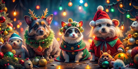 Fototapeta premium Enchanting Costumed Pets Celebrating Festivities in a Surreal Wonderland of Colors and Whimsy