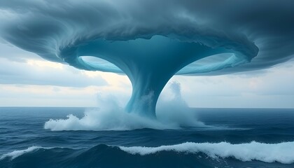 Tornado forming over the ocean with water vortex and mist spirals
