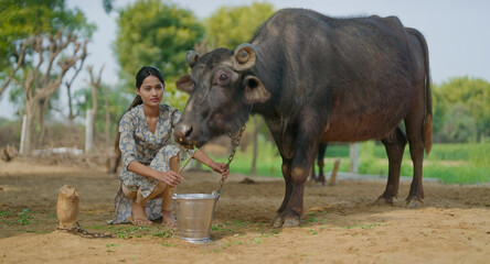 Indian young adult teen age gen z woman lady try to give water in steel bucket thirsty animal Asian...