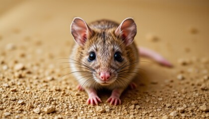 Close-Up Portrait of a Cute Small Mouse with Whiskers in Natural Sandy Environment