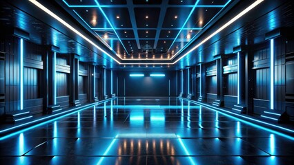Fototapeta premium Futuristic Black Room with Blue Neon Lights and Bokeh Effect for Industrial Design Enthusiasts