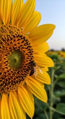 Bee Pollinating a Bright Yellow Sunflower in a Field of Flowers