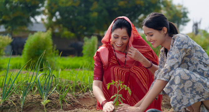 Indian active mother wear saree teen age cute girl sitting help and protect to grow tree in red soil young adult farmer female woman with lady do nature care enjoy day desi life garden