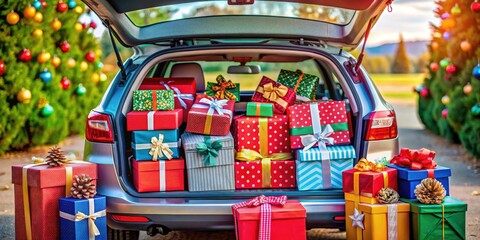 Obraz premium Holiday Shopping Surprise: Car Trunk Full of Colorful Gift Boxes and Ribbons for Festive Celebration and Joyful Gifting Experience
