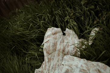 The cottage coredress laying on the dark green grass.The dress has ruffles on the neckline. Dress...
