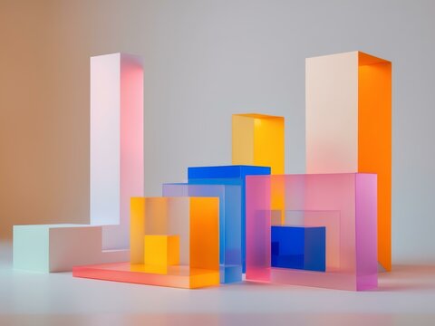 Abstract Composition of Colorful Transparent Cubes and Rectangular Prisms.