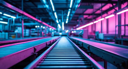 Fototapeta premium Conveyor Belt System in a Futuristic Factory with Neon Lighting, Automation.