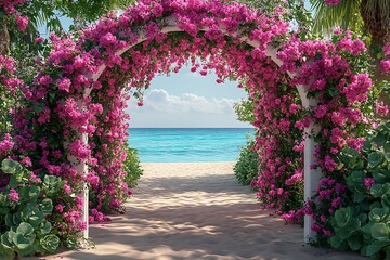 Paradise scene with flower-covered white arch high resolution picture