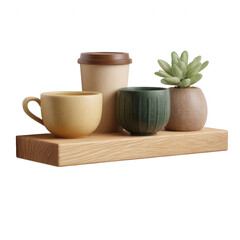 A charming display of colorful ceramic cups and a small succulent plant on a wooden shelf, perfect for modern home decor or lifestyle photography.