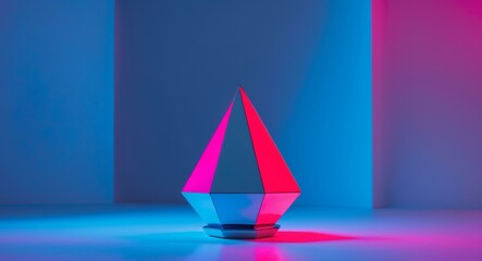Geometric object illuminated with neon pink and blue lights in a studio setting.