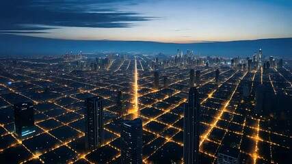 Aerial view of illuminated modern city grid at night with glowing streetlights, tall skyscrapers, and expansive urban skyline at dusk

 - Powered by Adobe