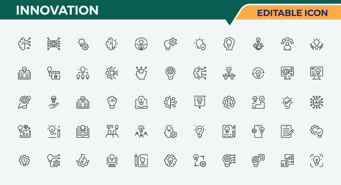 Innovation icon set. Creativity icon. Collection for mobile and web apps. Includes symbols for invention, idea, ai, startup, tech and more. Editable stroke. Pixel Perfect.
