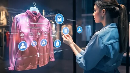 Woman interacting with a virtual clothing display in a modern retail store, showcasing digital features - Powered by Adobe