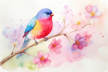 Watercolor painting of bird and cherry blossoms on branch