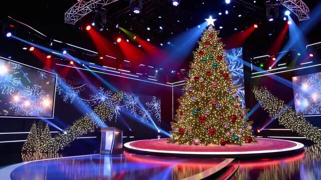 Festive gameshow excitement with large decorated Christmas tree, colorful lights, and joyful holiday atmosphere, bringing festive