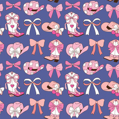 Seamless vector pattern with western cowgirl boots and bows. Hand drawn girly rodeo background. EPS 10 vector file. Perfect for textile, wallpaper or nursery print design.