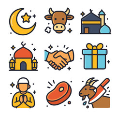 Fototapeta premium Eid Qurbani icons for Eid Al Adha holiday. Perfect for social media posts, website banners, and promotional materials related to the Islamic festival.
