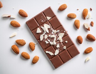Bar of chocolate has some almond pieces around it, and other white pieces over the sweet food in a simple setting for a delicious look.