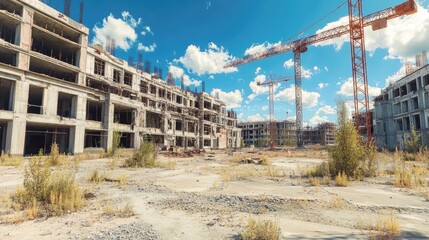 Abandoned construction site with halted cranes symbolizing stalled development