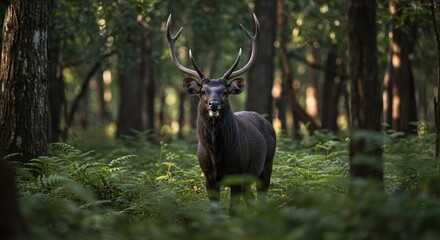 wild deer with antlers in forest
